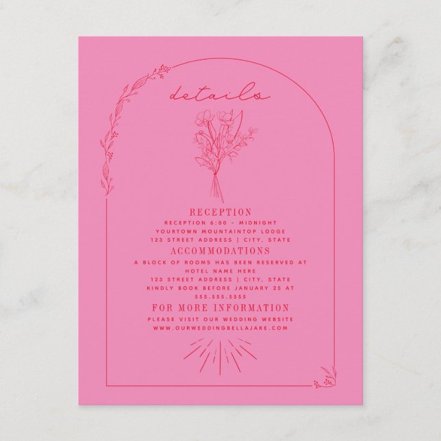Line Art Bouquet Pink Red Wedding Details Begleitkarte (Vorderseite)