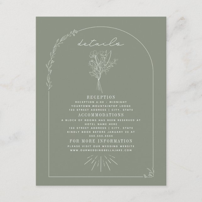 Line Art Bouquet Sage Green Wedding Details Begleitkarte (Vorderseite)