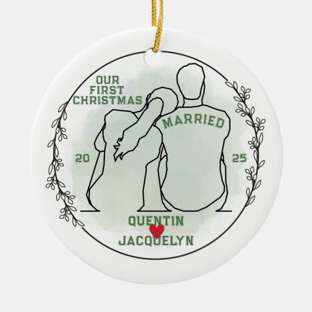 Line Art Couple Erstes Weihnachtsfest Verheiratet Keramik Ornament (Vorne)