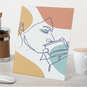 line art drawing poster of woman drinking coffee   sockelschild