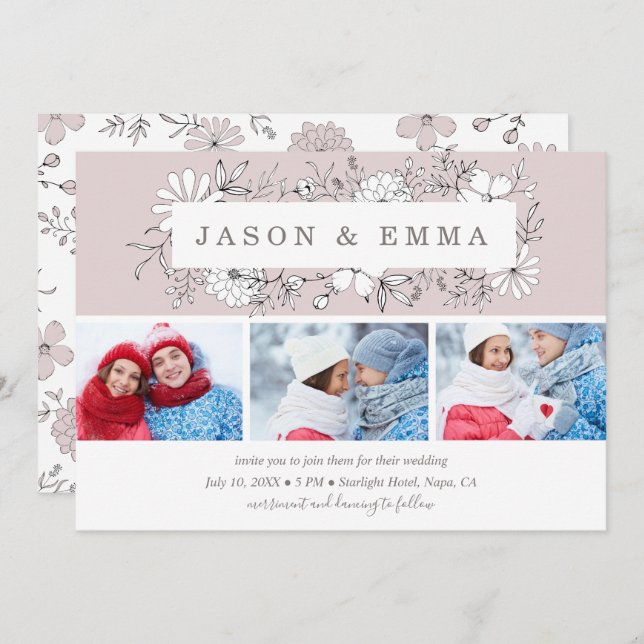 Line Art Floral Frame Dusty Rose 3 Foto Hochzeit Einladung (Vorne/Hinten)