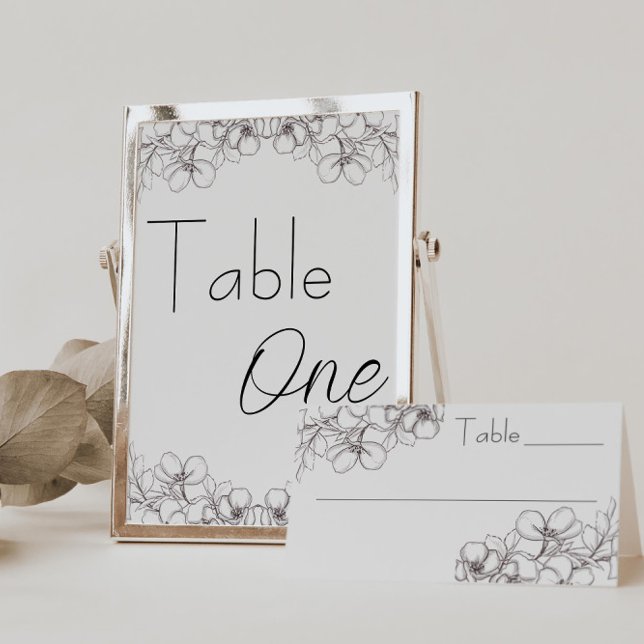Line Art Floral Hochzeitsempfehlung Tischnummer (table numbers wedding floral line art black and white script)