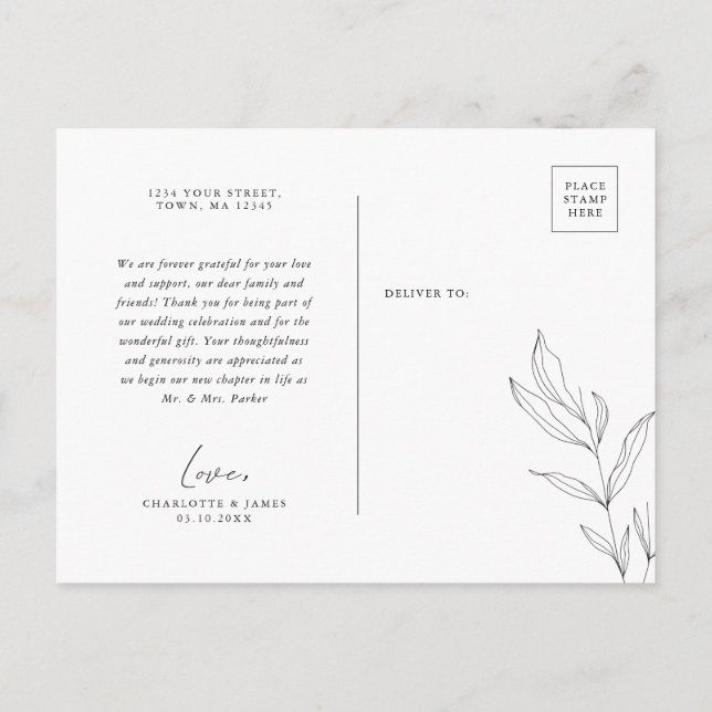 Line Art Foliage Leaf Danke Postcard Einladungspostkarte (Rückseite)