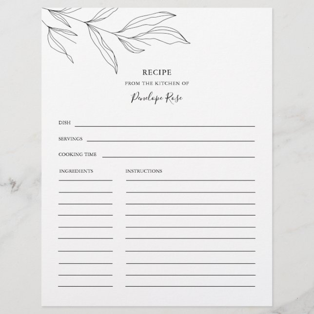 Line Art Foliage Leaf Name Rezept Card (Vorderseite)