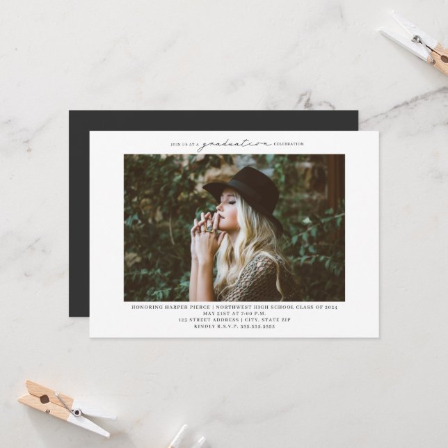 Line Art Foto Graduation Party Einladung (Vorderseite/Rückseite Beispiel)