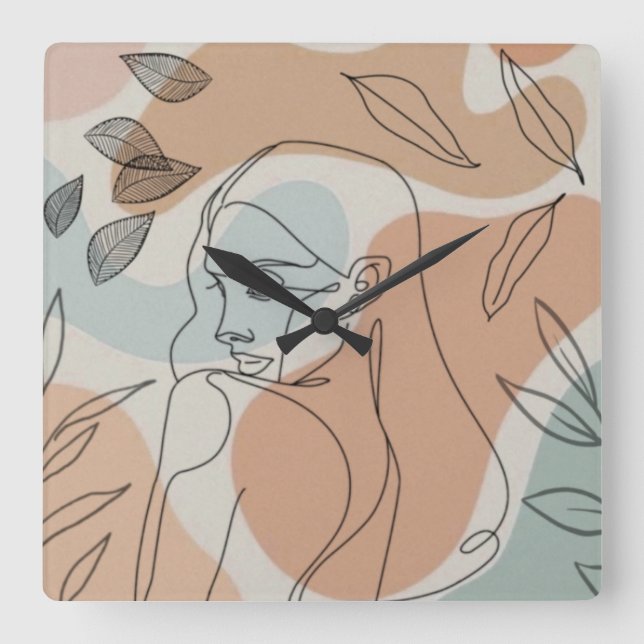 Line Art Frau Blätter Uhr (Vorderseite)