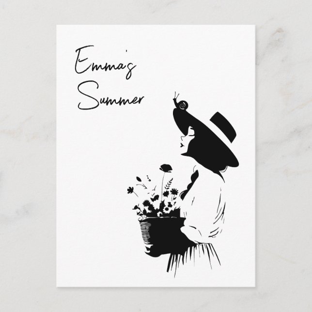 Line Art Girl mit benutzerdefinierten Blume Postkarte (Vorderseite)