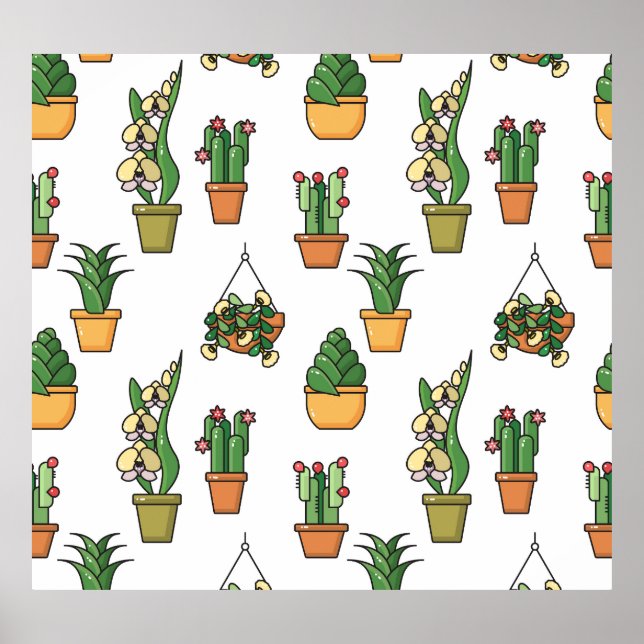 Line Art Houseplant: Vintag nahtlos Poster (Vorne)