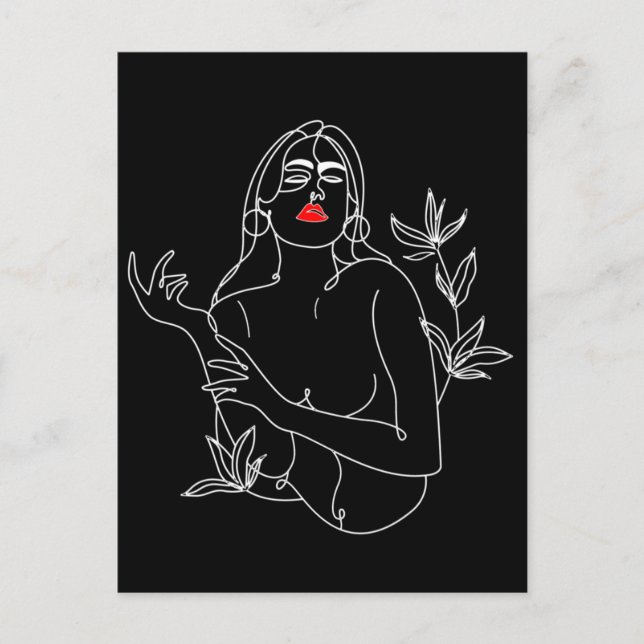 Line Art illustriert. Frau in Schwarz-Weiß Postkarte (Vorderseite)