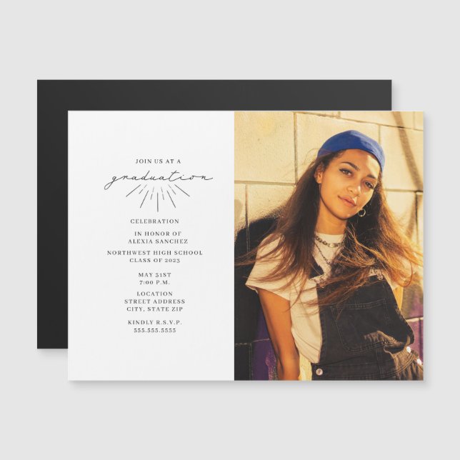Line Art Magnetic Graduation Party Foto Einladung (Vorne/Hinten)