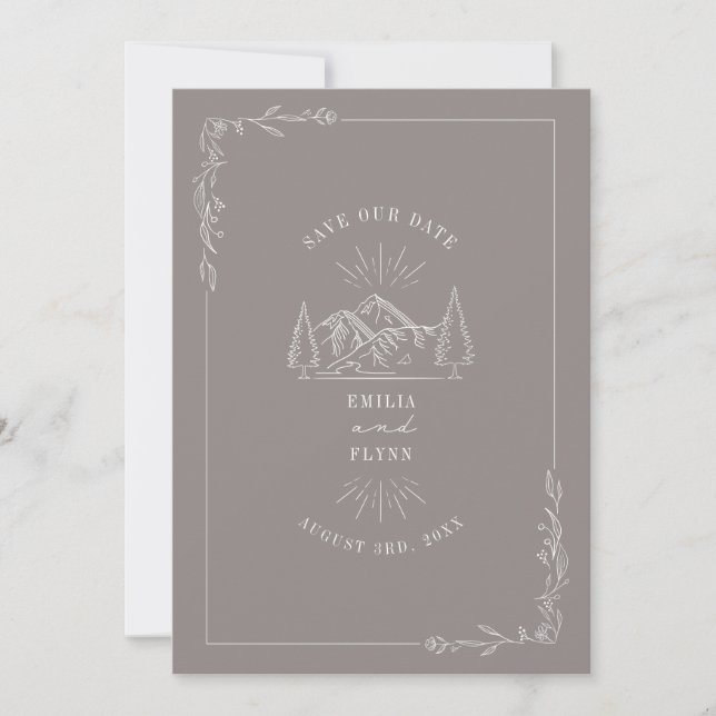 Line Art Mountains Amethyst Wedding Save The Date (Vorderseite)