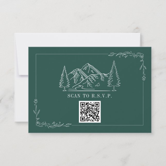 Line Art Mountains Emerald QR Code Wedding RSVP (Vorderseite)