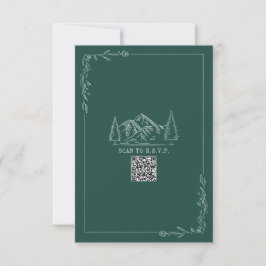 Line Art Mountains Emerald QR Code Wedding RSVP Karte