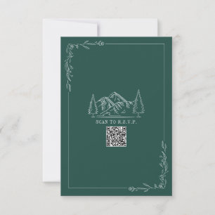 Line Art Mountains Emerald QR Code Wedding RSVP Karte
