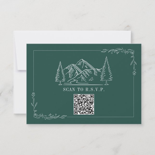 Line Art Mountains Emerald QR Code Wedding RSVP Karte (Vorderseite)