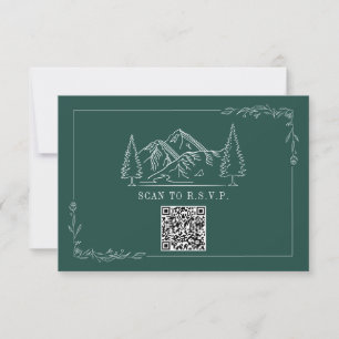 Line Art Mountains Emerald QR Code Wedding RSVP Karte