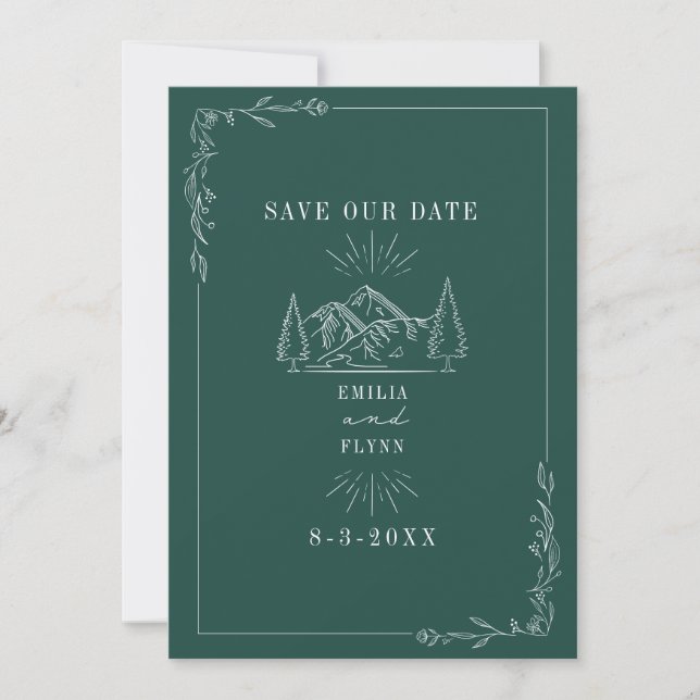 Line Art Mountains Emerald Wedding Save The Date (Vorderseite)