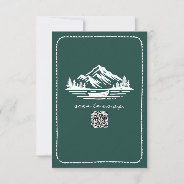 Line Art Mountains Kanu QR Code Hochzeit RSVP Karte (Vorderseite)