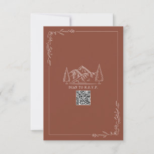 Line Art Mountains Terracotta QR Code Wedding RSVP Karte