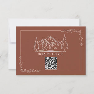 Line Art Mountains Terracotta QR Code Wedding RSVP Karte