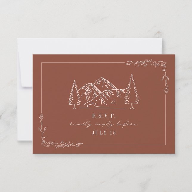 Line Art Mountains Terracotta Wedding RSVP Card (Vorderseite)