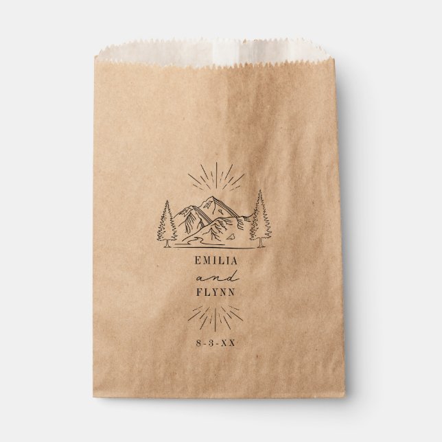 Line Art Mountains Wedding retten das Datum Bevorz Geschenktütchen (Vorderseite)