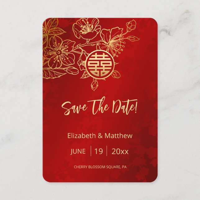 Line Art Red Chinese Wedding Save the Date Card Begleitkarte (Vorderseite)