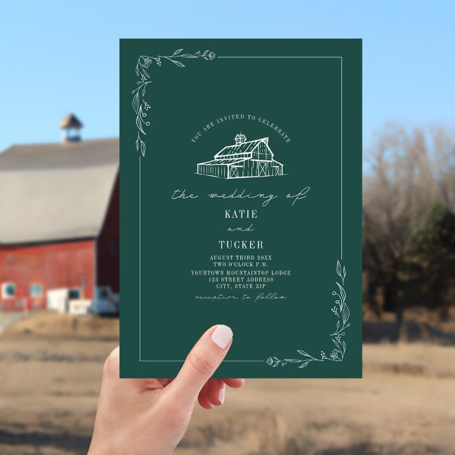 Line Art Rustic Barn Emerald Wedding Einladung (Von Creator hochgeladen)