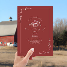 Line Art Rustic Barn Mute Red Wedding Einladung