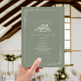 Line Art Rustic Barn Sage Green Wedding Einladung