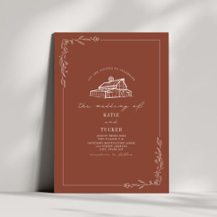 Line Art Rustic Barn Terracotta Wedding Einladung
