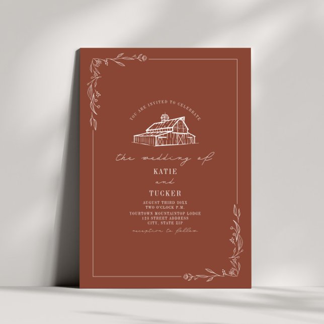 Line Art Rustic Barn Terracotta Wedding Einladung (Von Creator hochgeladen)