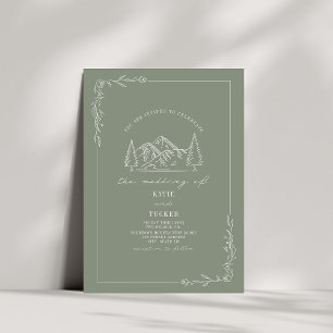 Line Art Rustic Mountains Sage Green Wedding Einladung