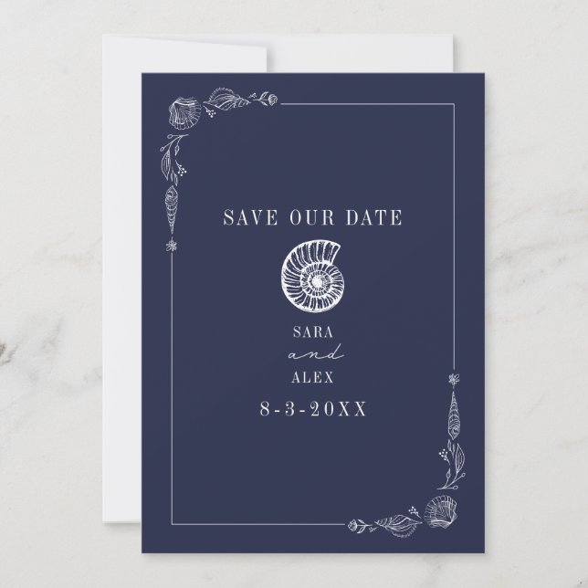 Line Art Seashell Dark Blue Rustic Beach Hochzeit Save The Date (Vorderseite)