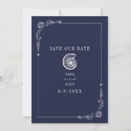Line Art Seashell Dark Blue Rustic Beach Hochzeit Save The Date
