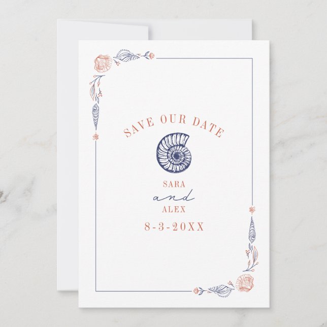 Line Art Seashell Red & Blue Rustic Beach Wedding Save The Date (Vorderseite)