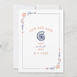 Line Art Seashell Red & Blue Rustic Beach Wedding Save The Date