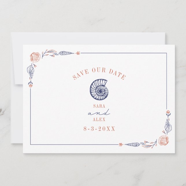 Line Art Seashell Red & Blue Rustic Beach Wedding Save The Date (Vorderseite)