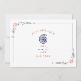 Line Art Seashell Red & Blue Rustic Beach Wedding Save The Date