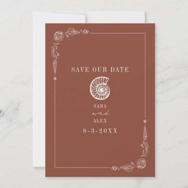 Line Art Seashell Terracotta Rustic Beach Wedding Save The Date (Vorderseite)
