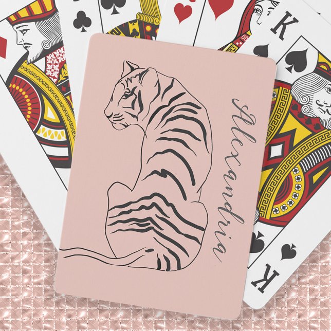Line Art Tiger Blush Rosa Name Spielkarten (Line art drawing tiger playing cards personalized with your name or any text you choose.)