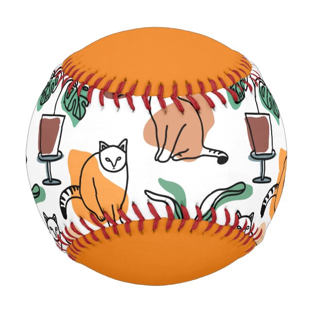 Line Art zeichnend Katzen und Blume Baseball (Vorderseite)