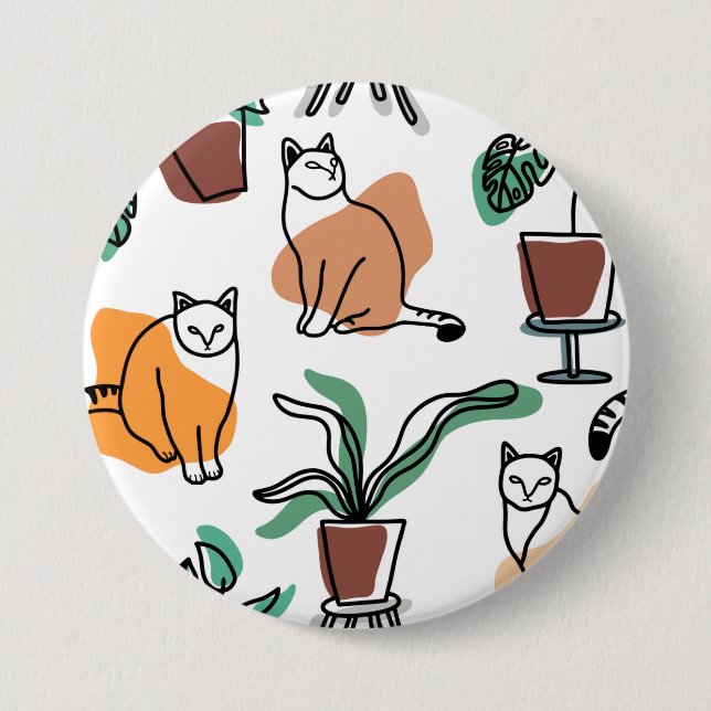 Line Art zeichnend Katzen und Blume Button (Vorderseite)