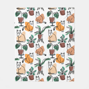 Line Art zeichnend Katzen und Blume Fleecedecke