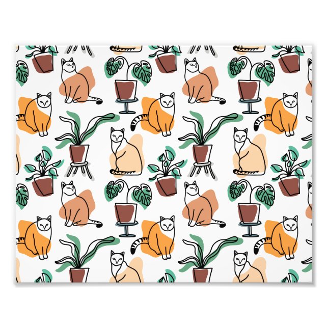 Line Art zeichnend Katzen und Blume Fotodruck (Vorne)