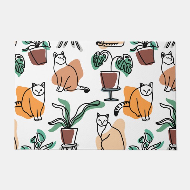 Line Art zeichnend Katzen und Blume Fußmatte (Vorderseite)