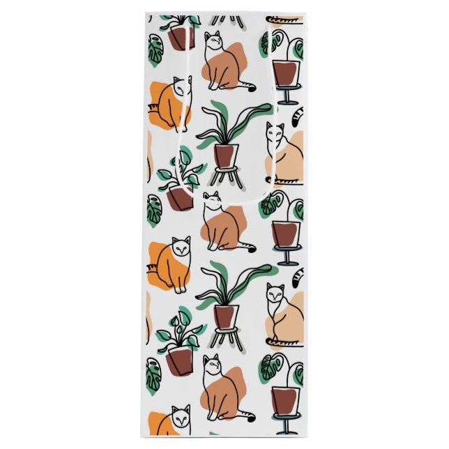 Line Art zeichnend Katzen und Blume Geschenktüte Für Weinflaschen (Vorderseite)