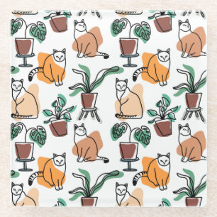 Line Art zeichnend Katzen und Blume Glasuntersetzer