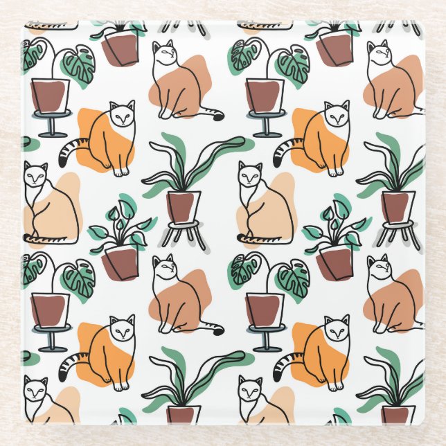 Line Art zeichnend Katzen und Blume Glasuntersetzer (Vorderseite)
