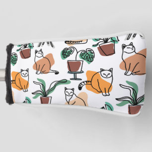 Line Art zeichnend Katzen und Blume Golf Headcover